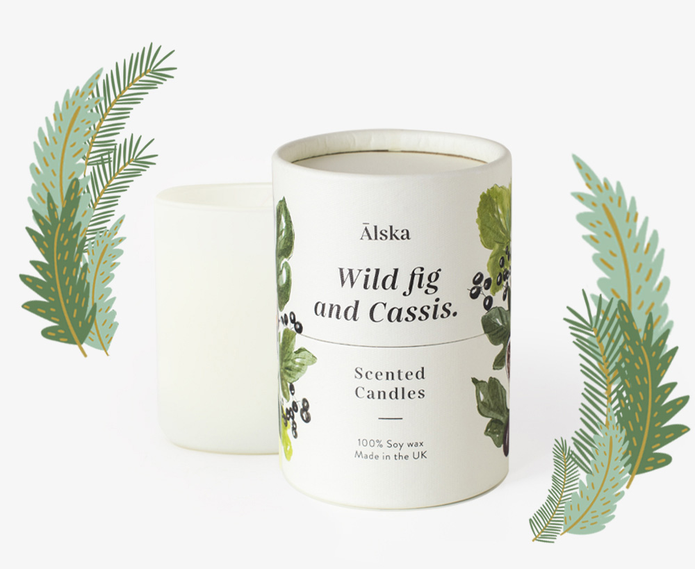 Wild Fig and Cassis Candle with illustrated green leaf decorations
