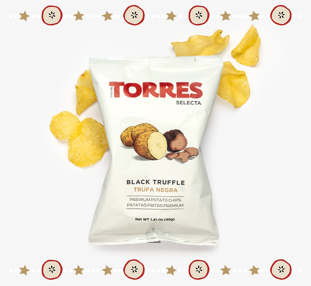 Black Truffle Crisps with illustrated christmas stars and shapes in red and yellow