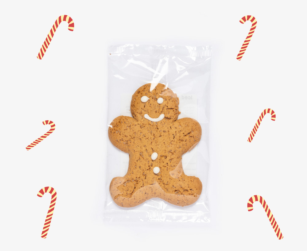 Gingerbread Jack Biscuit with red and white candy cane decorations