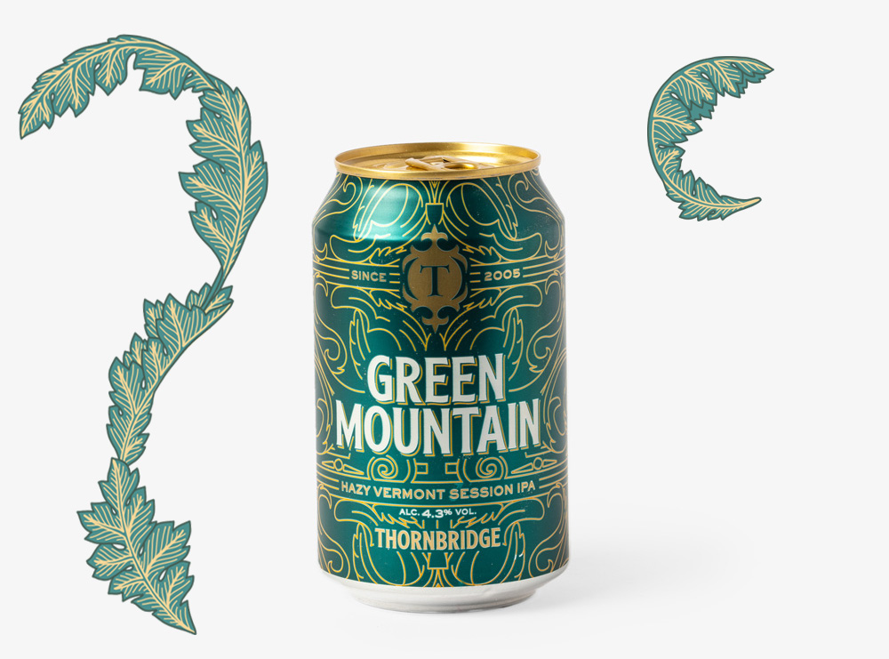 Green Mountain IPA with green and gold leaf decorations