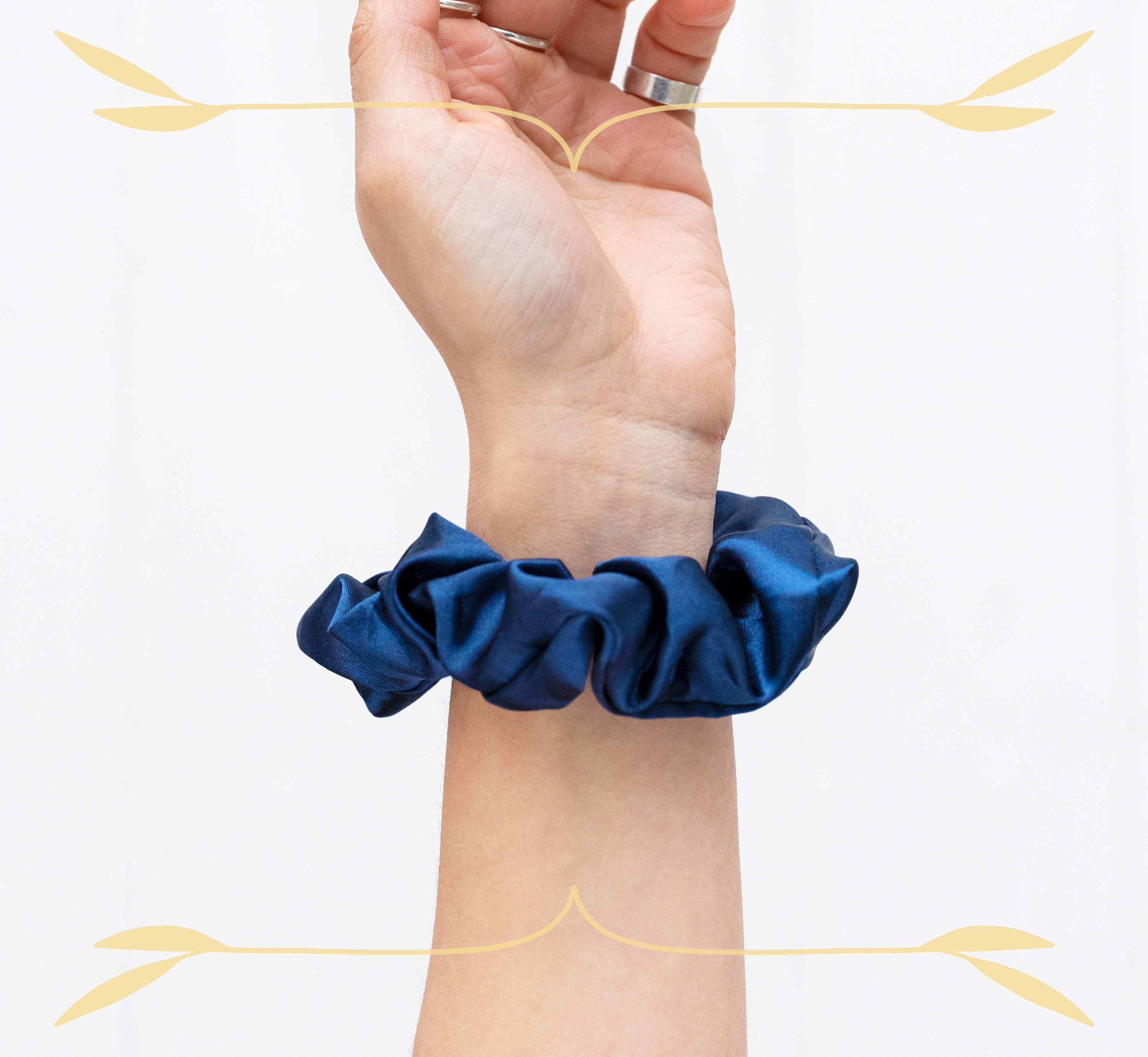 Navy Satin Oversized Scrunchie with two gold leaf borders