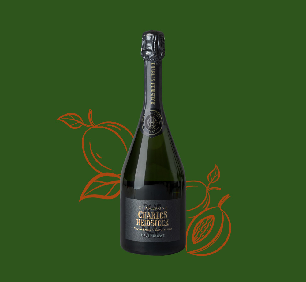 Brut Réserve Champagne with green background and illustrated orange apricots