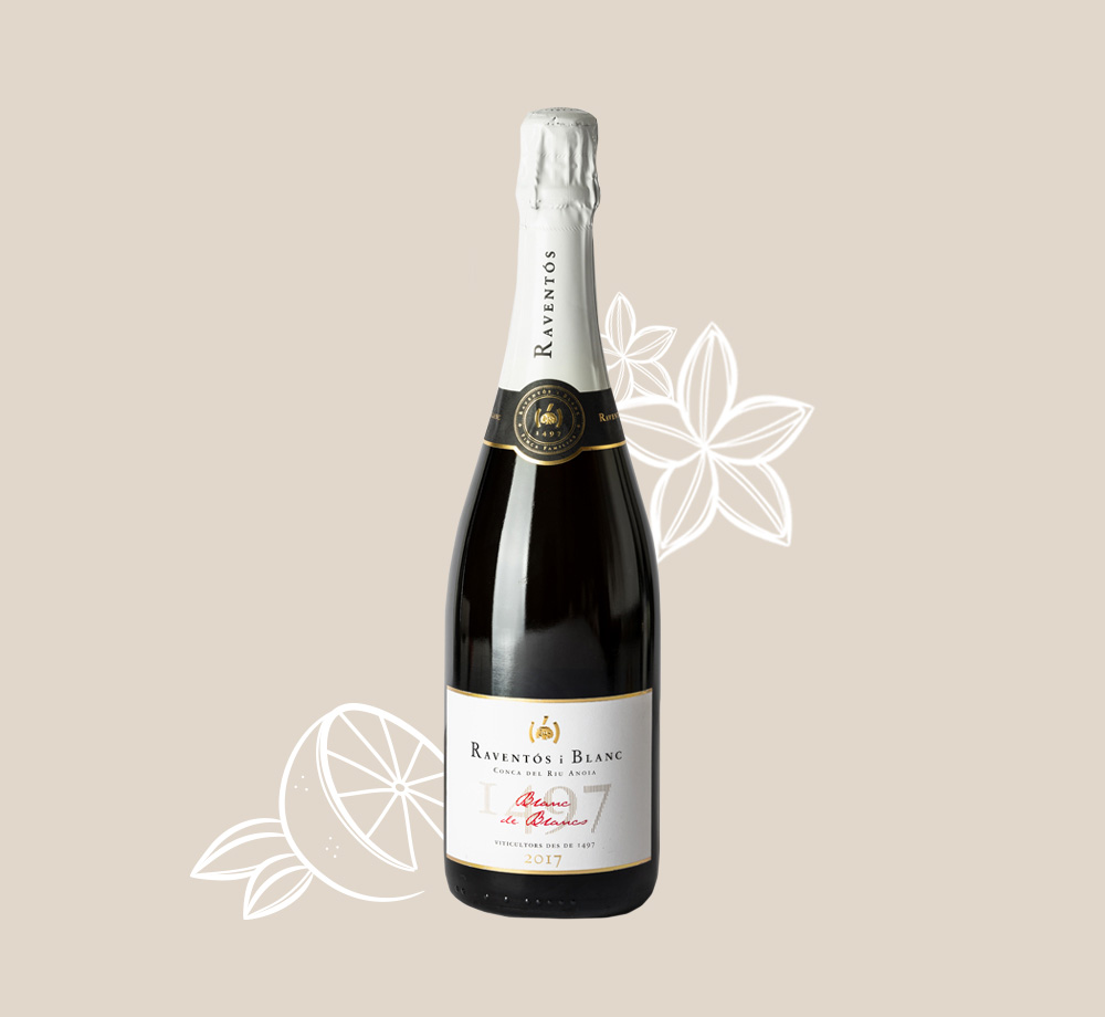 2017 Blanc de Blancs with neutral background and illustrated white lime and flower