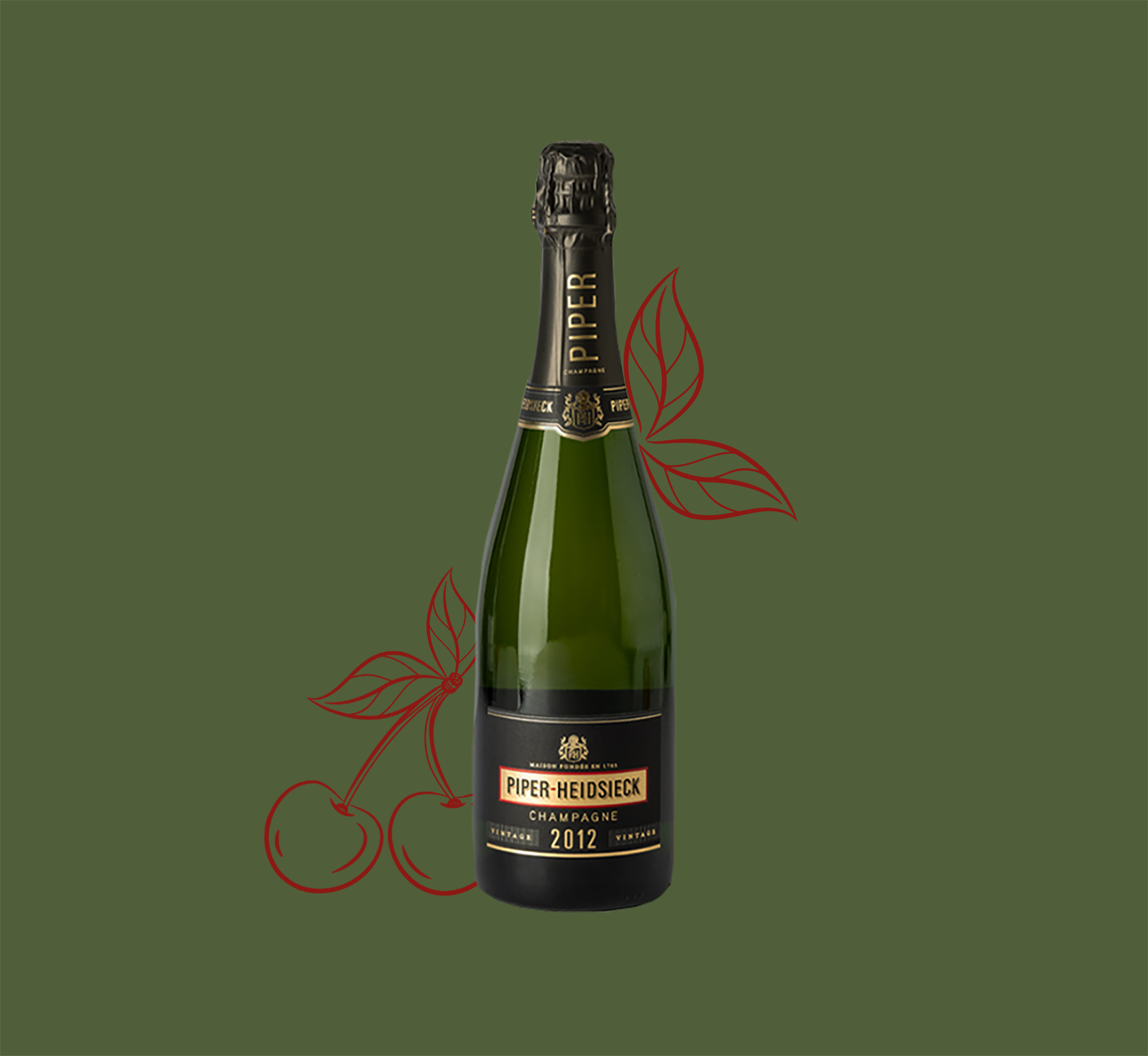 Champagne Brut Vintage 2012 with green background and illustrated red cherries and leaves