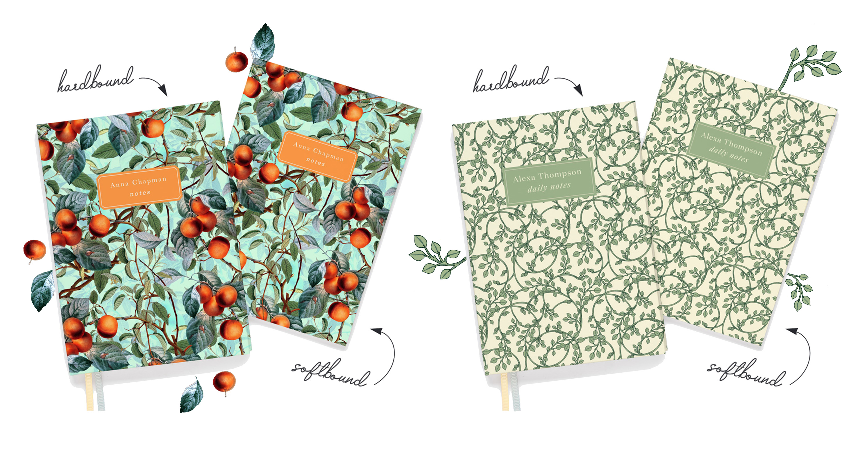 Winter Oranges and Ornamental Leaves notebooks in hardbound and softbound with text to indicate the difference