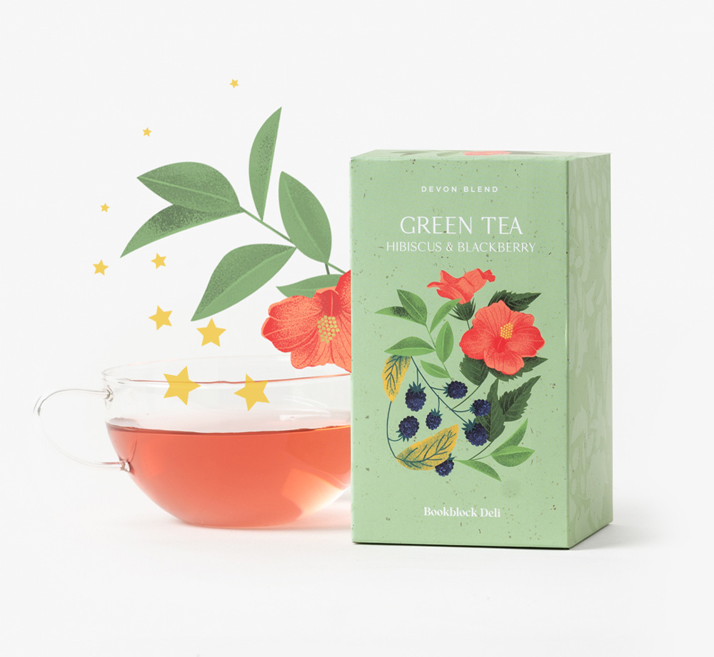 Devon Blend Green Tea with Hibiscus & Blackberry with yellow stars floating from the tea
