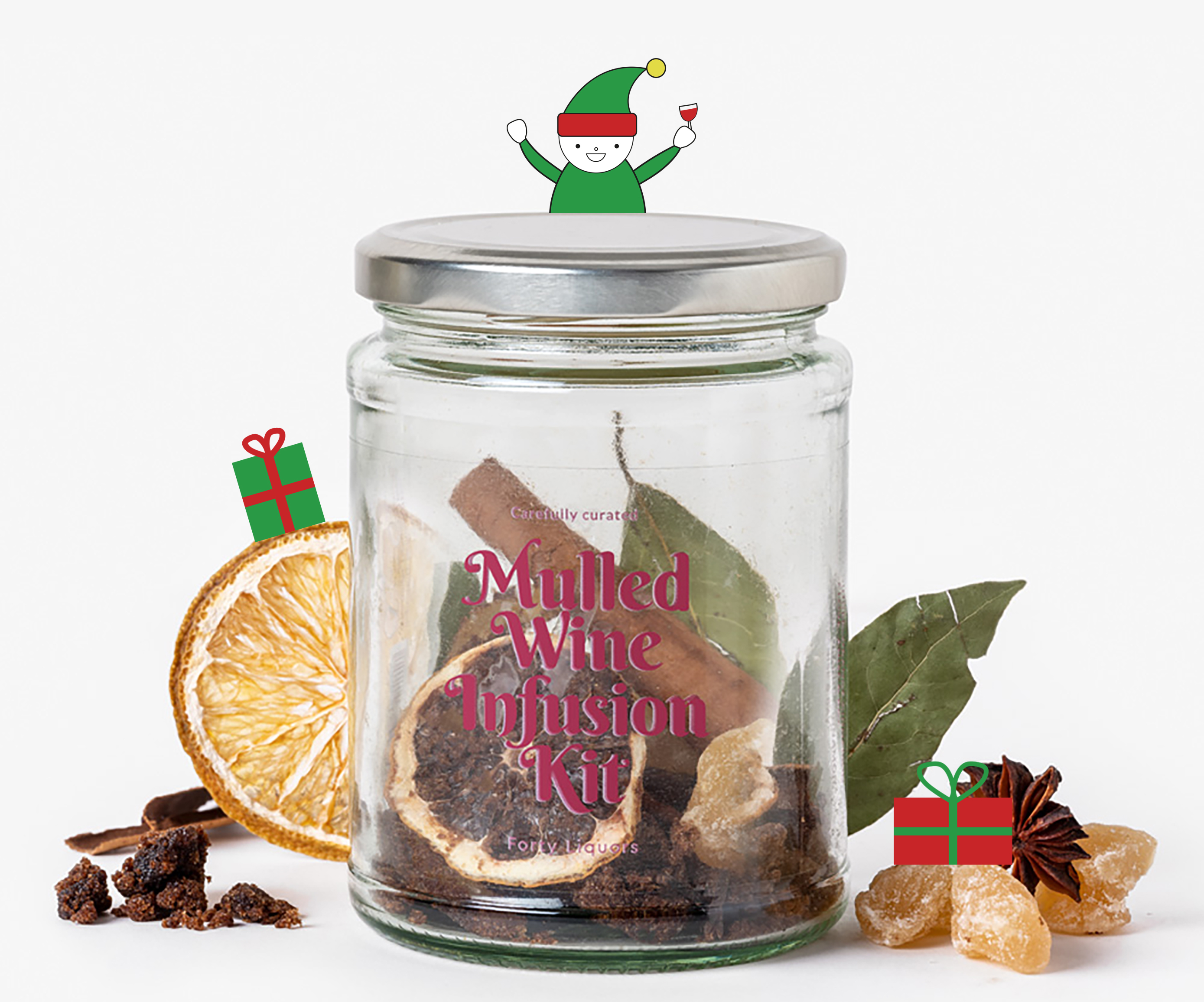 Mulled Wine Infusion Kit with an elf and two presents in green and red for decoration 