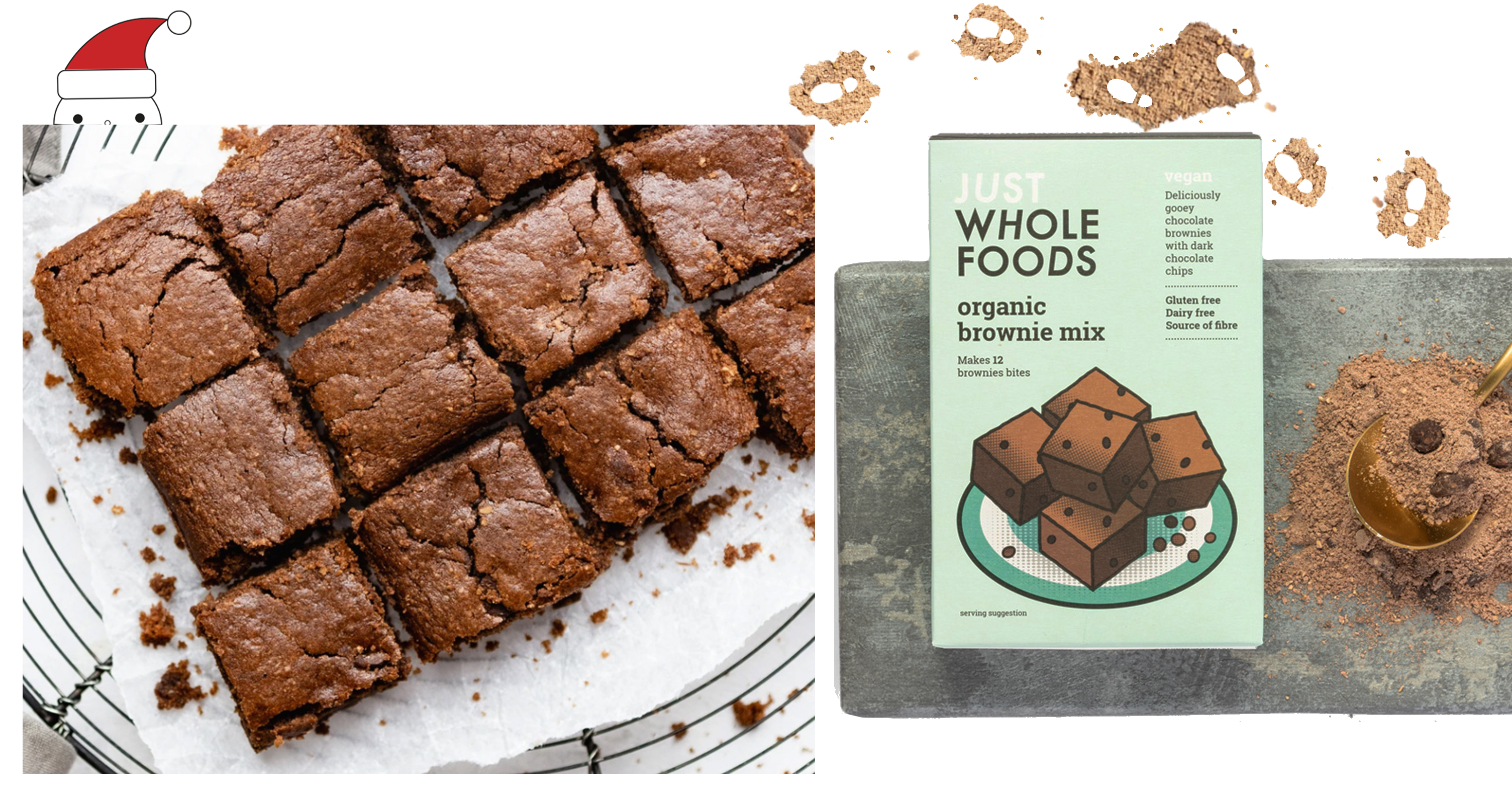 Organic Brownie Mix baked with brownies, chocolate powder footprints and a hiding santa for decoration