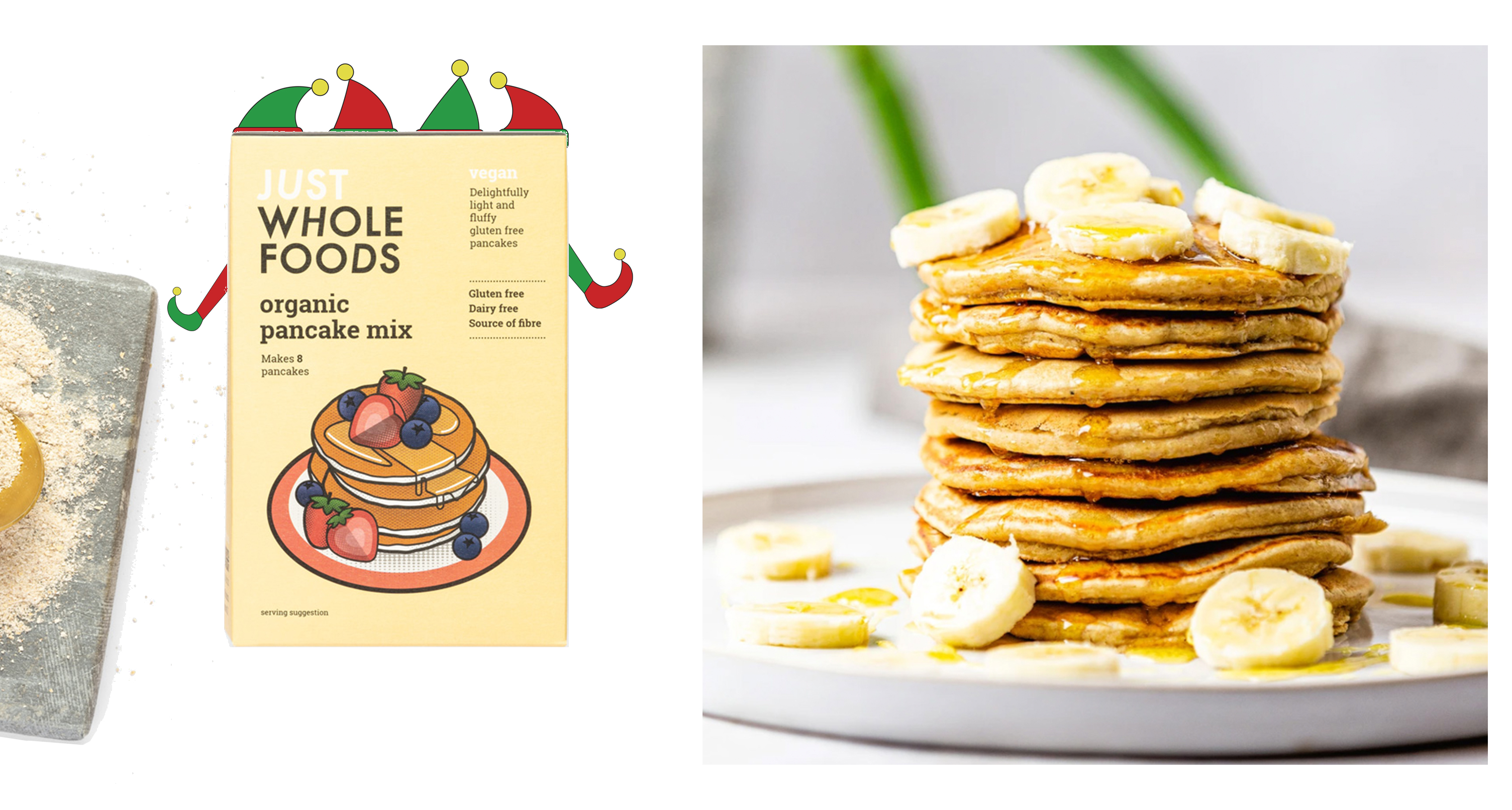 Organic Pancake Mix with fresh pancakes and red and green elves hiding behind the mix box for decoration